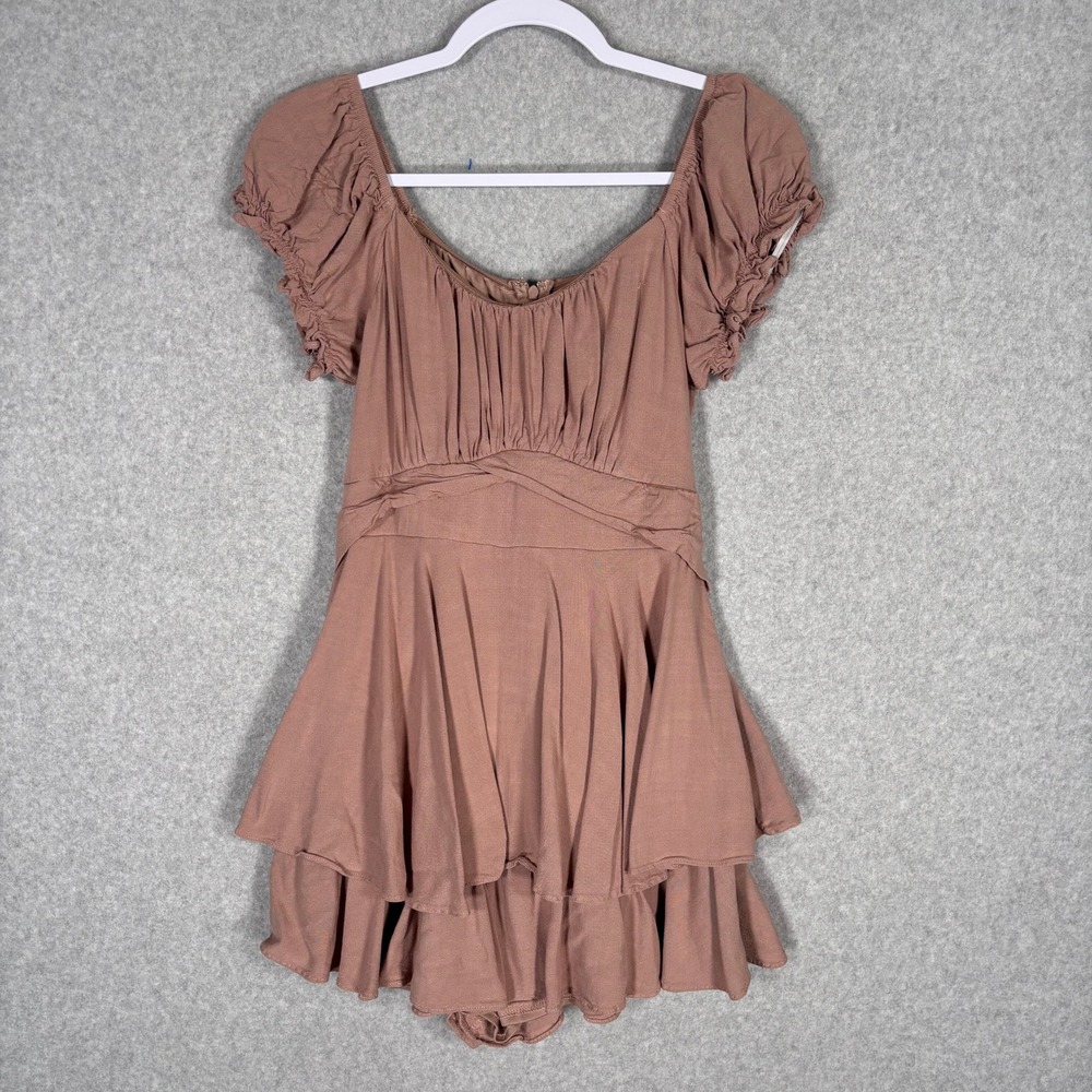 Altar'd State Romper XL Mauve Ruffle Tiered Puff Sleeve Boho Milkmaid‎ Gypsy Tie